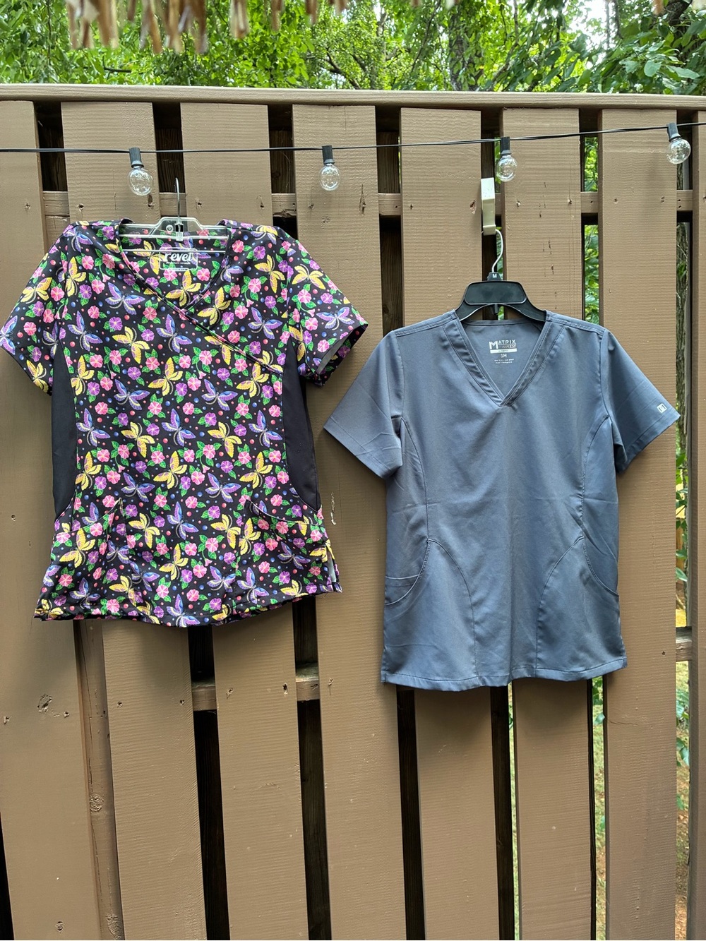 Two Medium Scrub Tops, Matrix Gray & Revel Colorful Butterfly Print
